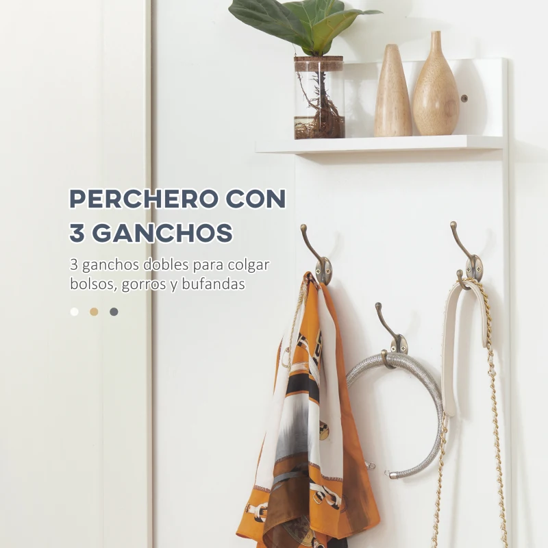 HOMCOM Conjunto de Recibidor con Espejo Perchero y Zapatero para 8 Pares Mueble de Entrada con 2 Puertas y 3 Ganchos Blanco