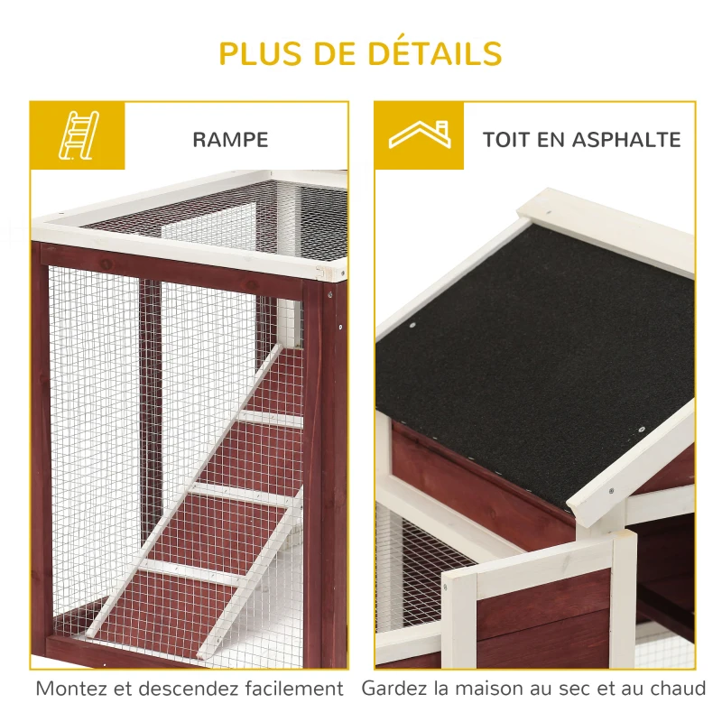 PawHut Clapier cage à lapins multi-équipé : niche supérieure avec rampe, plateau excrément, fenêtre + enclos  extérieur sécurisé 2 portes 122L x 63l x 92H cm rouge brique