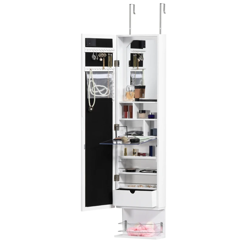 HOMCOM Hängender Schmuckschrank mit LED Spiegelschrank mit Schublade Regal Wandspiegel Türspiegel höhenverstellbar Weiß 130 cm hoch