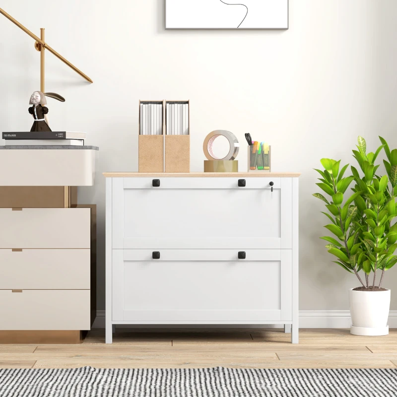 HOMCOM Mueble Archivador con 2 Cajones 2 Barras Colgantes Cerradura y 2 Llaves para Tamaño A4 79x40x72 cm Blanco y Roble(m-7)