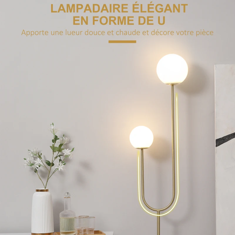 HOMCOM Lampadaire métal Lampadaire sur pied salon doré avec 2 Têtes abat-jours globe blanc verre dépoli - 25W - 33 x 25 x 155,5 cm