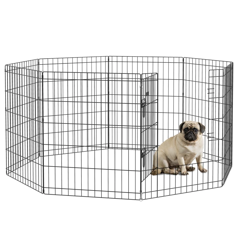 PawHut Haustierlaufstall, Spielgehege für Welpen und kleine Hunde, mit Tür, Indoor- und Outdoor-tauglich, 76 cm, Schwarz(m-10)