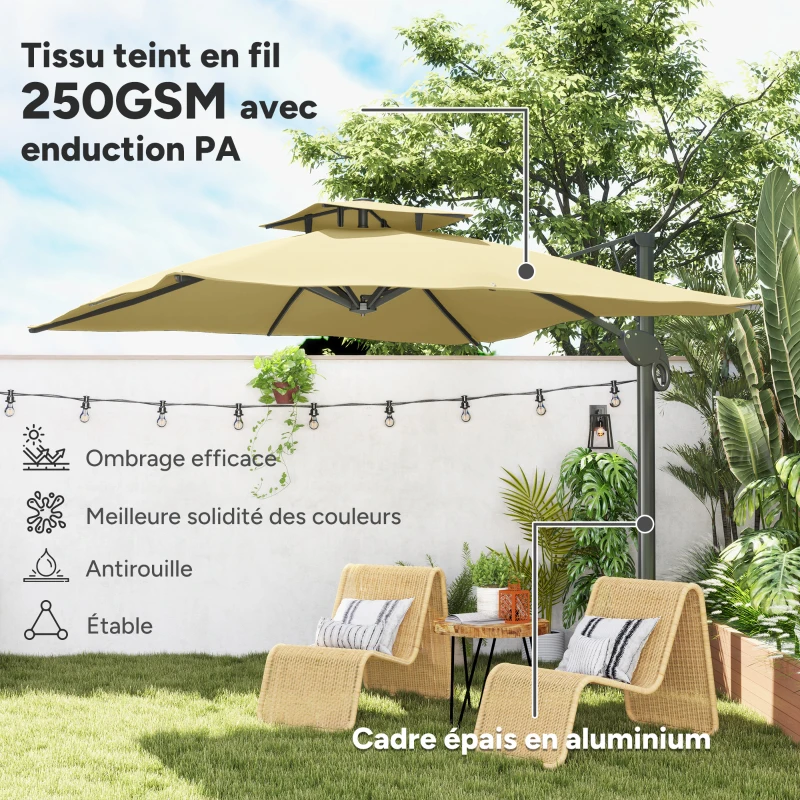 Outsunny Parasol déporté 3 m carré rotatif à 360° avec mécanisme hydraulique toit à double base croisée mât en aluminium beige