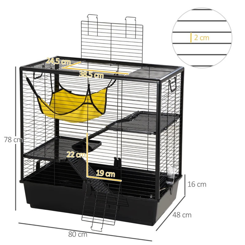 PawHut Cage petits rongeurs cochon d'inde, lapin, furets 3 niveaux avec abreuvoir, hamac, 2 rampes dim. 80L x 48l x 78H cm - noir