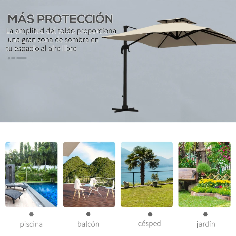 Outsunny Sombrilla de Jardín 300x300 cm Parasol de Aluminio con Manivela Poste Giratorio 360° Doble Techo Inclinable Caqui