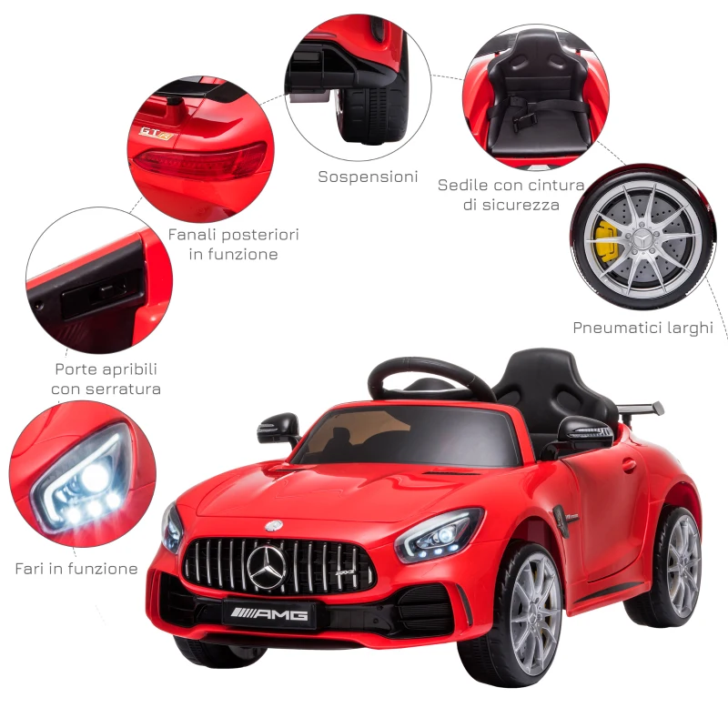 HOMCOM Macchinina per Bambini Elettrica 12V con Licenza Mercedes-AMG GTR, Velocità 3-5km/h, 105x58x45 cm, Rosso