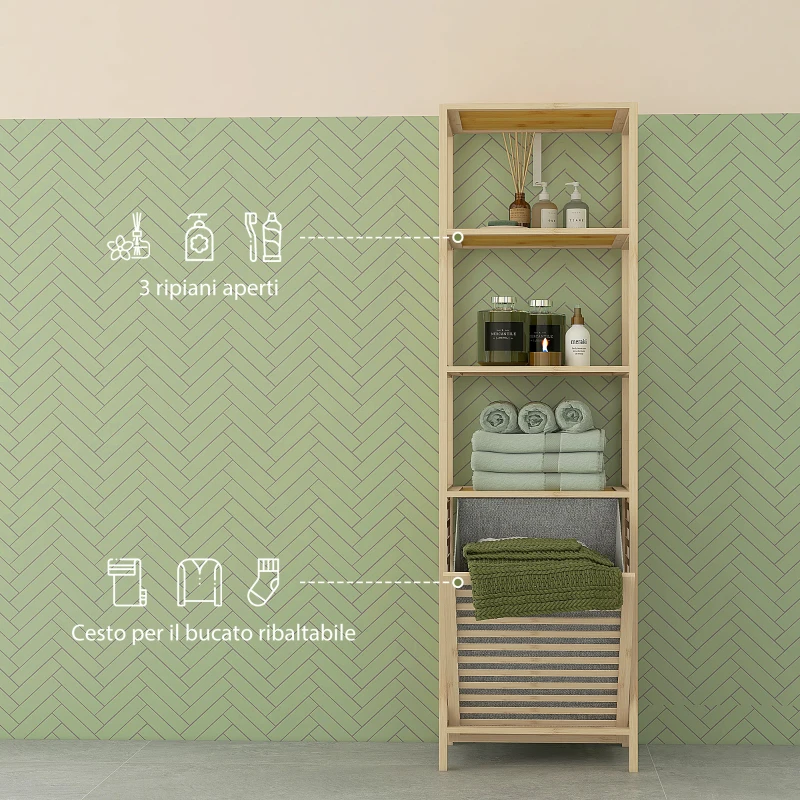 HOMCOM Colonna Bagno con 3 Ripiani in Legno di Bambù e Cesto Portabiancheria in Tessuto, 44x33x160cm