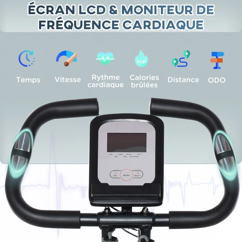 HOMCOM Vélo d'appartement magnetique pliant selle réglable dossier poignées ergonomiques écran LCD multifonction bandes résistances support smartphone acier noir