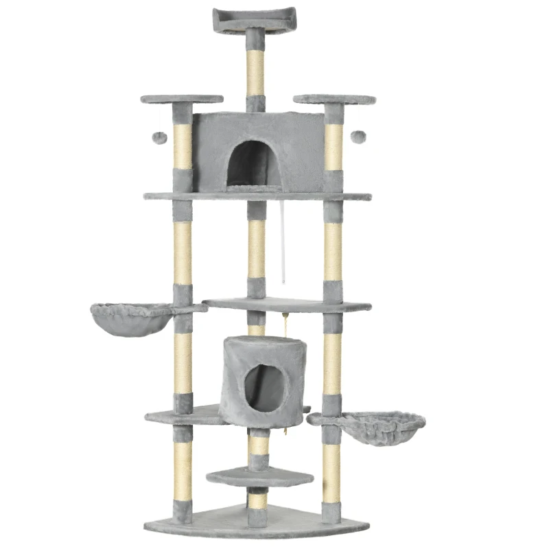 PawHut Árbol Rascador para Gatos 200 cm Torre para Gatos con 2 Cuevas 2 Hamacas Cama Postes de Sisal 60x60x200 cm Gris