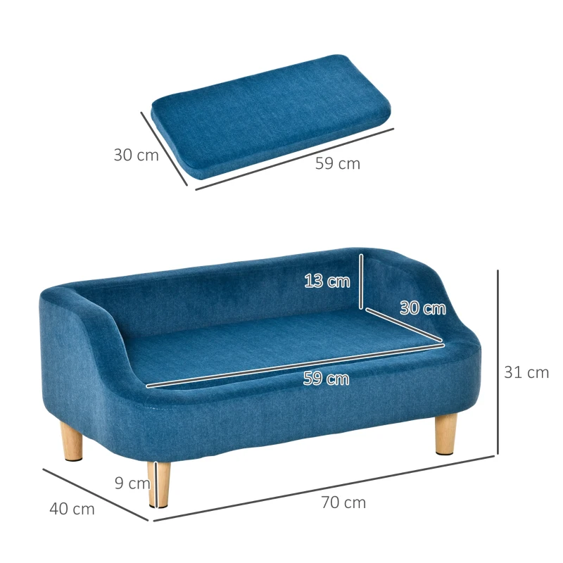 PawHut Sofá para Mascotas Tapizado en Terciopelo Sofá Cama para Perros Gatos Medianos Pequeños Acolchado Grueso con Cojín Extraíble Lavable y Patas de Madera 70x40x31 cm Azul