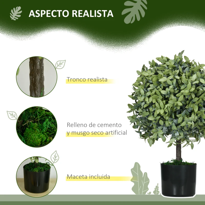HOMCOM Juego de 2 Árboles de Té Artificiales 55 cm Planta Artificial con 343 Hojas Musgo y Maceta Oficina Verde