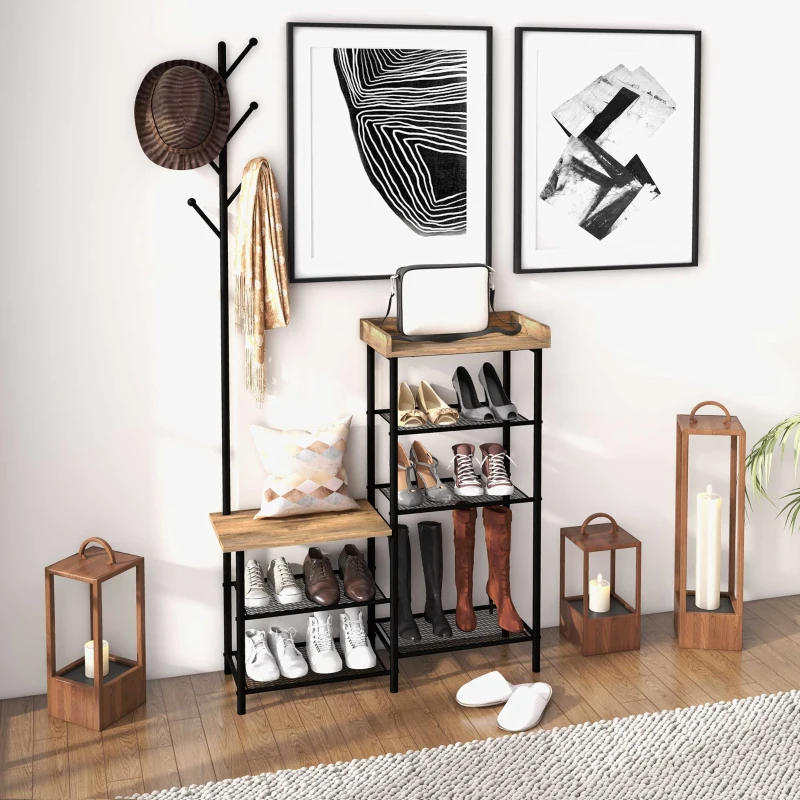 HOMCOM Meuble d'entrée 2 en 1 design industriel porte-manteaux et étagères à chaussures en acier 92,5 x 28,2 x 182 cm noir