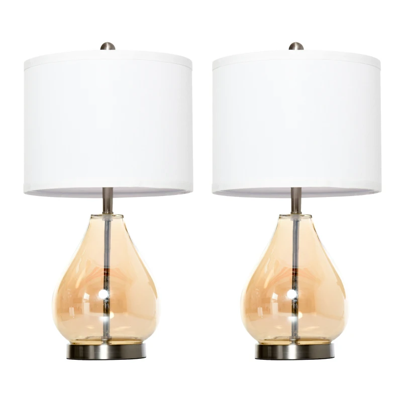 HOMCOM 2-Set Tischlampen Tischleuchten E27-Fassung Nachttischlampe 40 W Glas Leinen Metall Bernstein Ø30 x 56H cm