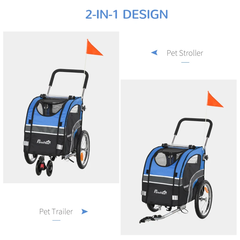 PawHut 2-in-1 Dog Bike Trailer Pet Cart Carrier Stroller for Bicycle with 360° Rotatable Front Wheel Reflectors Weather Resistant Canopy Hitch Coupler Flag Blue
