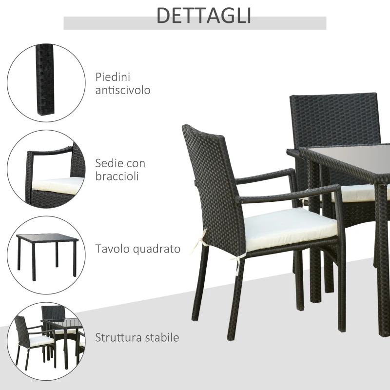 Outsunny Set 4 Sedie da Giardino e Tavolo con Ripiano in Vetro, Arredamento da Esterno in Rattan PE e Metallo, Nero
