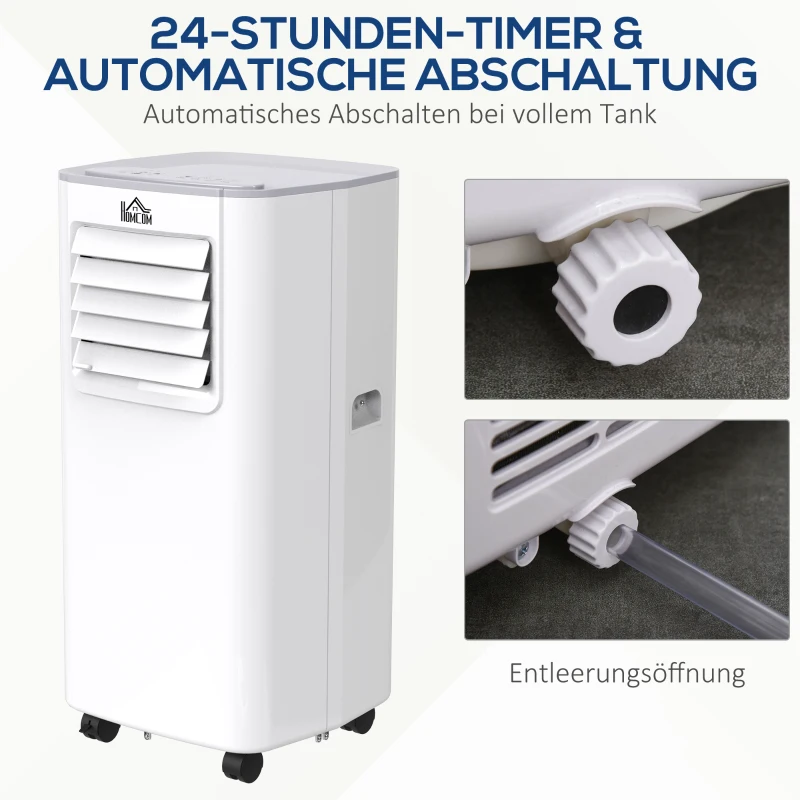 HOMCOM Mobile Klimaanlage 5k BTU 2,4KW 4-in-1 Klimagerät mit Fernbedienung, Kühlung, Luftentfeuchtung, Ventilator, Schlafmodus, für 8-12 ㎡, 24h Timer, 2 Geschwindigkeitsstufen, LED-Display ABS
