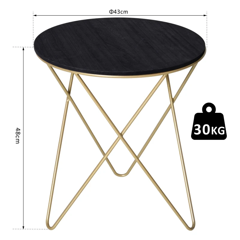 HOMCOM Round Coffee Table, Sofa End Table with Metal Crossed Legs, Modern Living Room Table - Black, Gold Tone (Φ43cm)