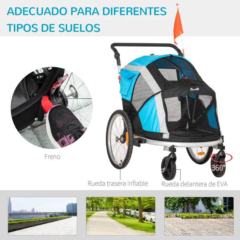 PawHut Remolque de Bicicleta para Perros Plegable 2 en 1 Carrito para Perros de Aluminio con Mango Ajustable Bandera y 6 Reflectores Carga Máxima 40 kg 150x82x98 cm Azul