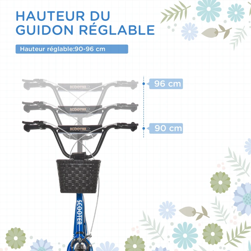 HOMCOM Trottinette patinette Enfant Grandes Roues pneumatiques Guidon réglable Frein AV-AR Garde-Boue béquille Panier métal Bleu Noir