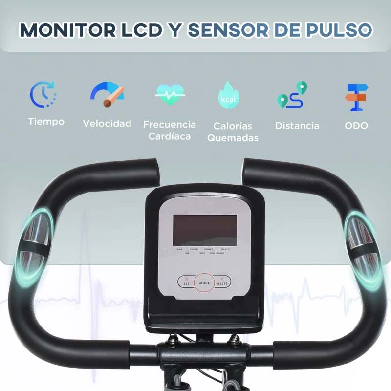 HOMCOM Bicicleta Estática Plegable Resistencia Magnética Ajustable de 8 Niveles con Sensor de Pulso Pantalla LCD Sillín Regulable Respaldo Bandas para Entrenamiento en Casa 107x53x107 cm Negro