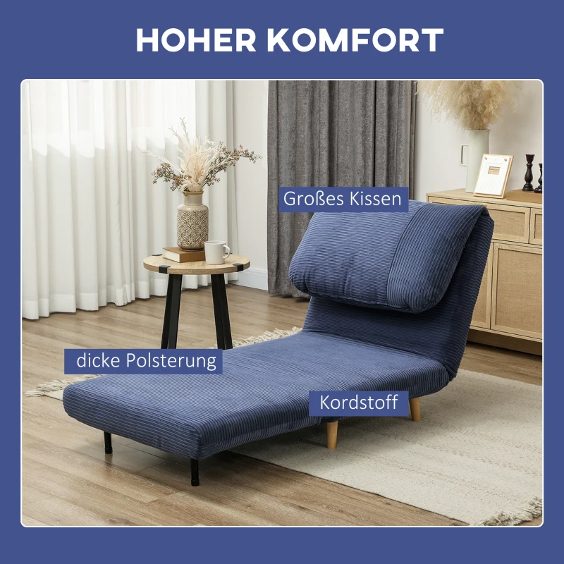 HOMCOM 2-in-1 Slaapstoel en Gastenbed met Verstelbare Hoofdsteun in Corduroy Look, 82 cm x 89 cm x 83 cm, Blauw(m-6)