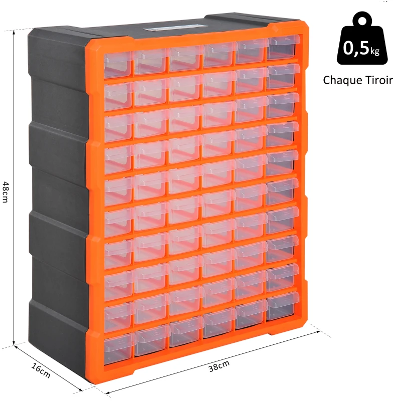 HOMCOM Casier de rangement module de rangement 38L x 16l x 48H cm 60 tiroirs transparents polypropylène orange transparent noir