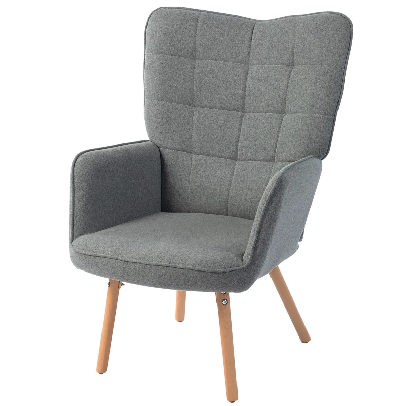 HOMCOM Butaca de Dormitorio con Respaldo Alto Reposabrazos Tela de Lino y Patas de Madera para Sala de Estar 71x76x101 cm Gris