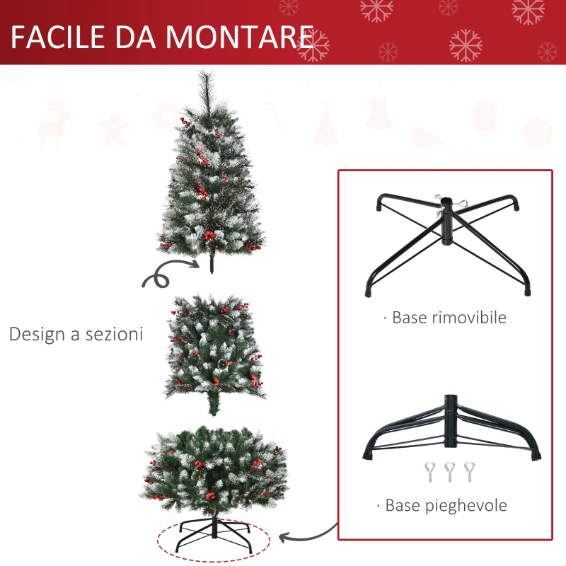 HOMCOM Albero di Natale Innevato con Bacche Rosse, Base Rimovibile e Pieghevole, 539 Rami, Φ70x180cm, Verde