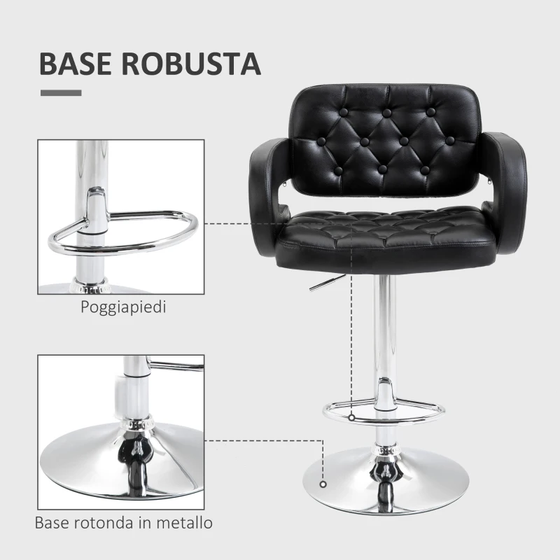 HOMCOM Sgabello da Bar Alto con Schienale e Braccioli, Girevole con Altezza Regolabile e Poggiapiedi, Finta Pelle Nera