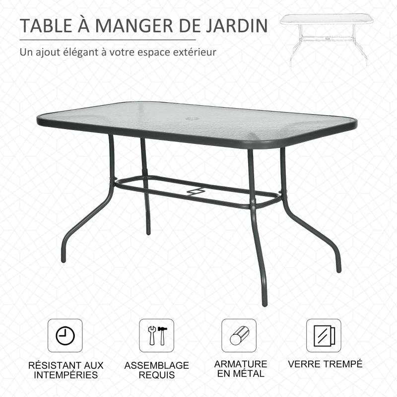 Outsunny Table de Jardin rectangulaire dim. 140L X 80l x 70H cm métal époxy Gris Plateau Verre trempé