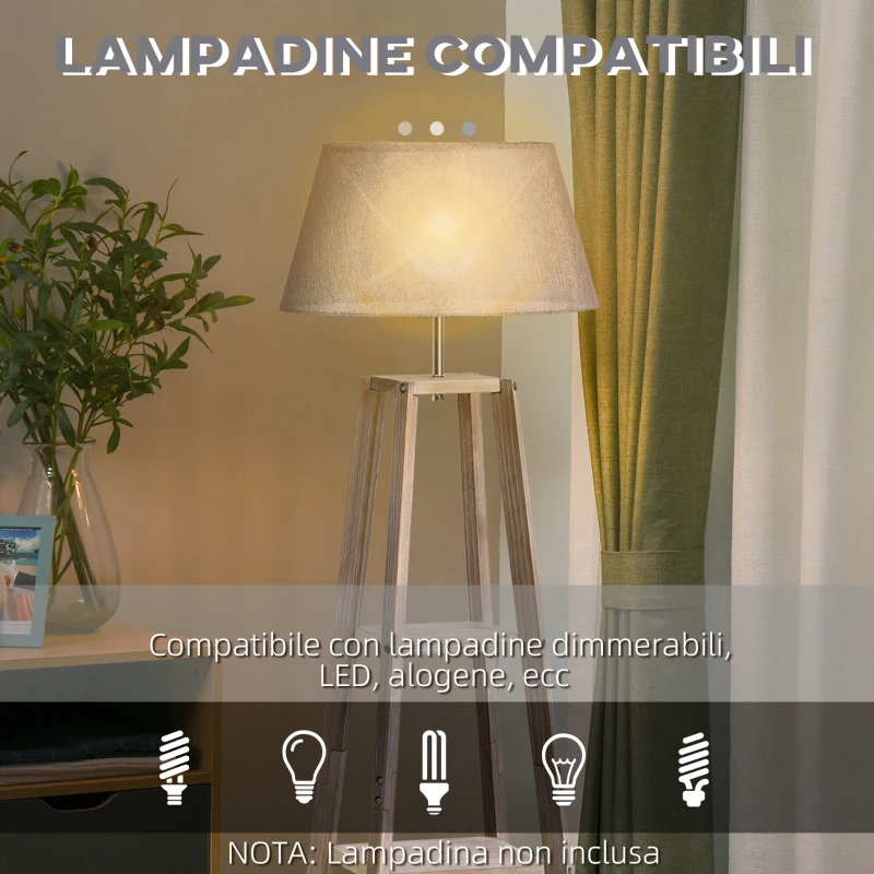 HOMCOM Lampada da Terra in Legno con 3 Ripiani e Paralume in Tessuto, 45x45x148cm, Grigio