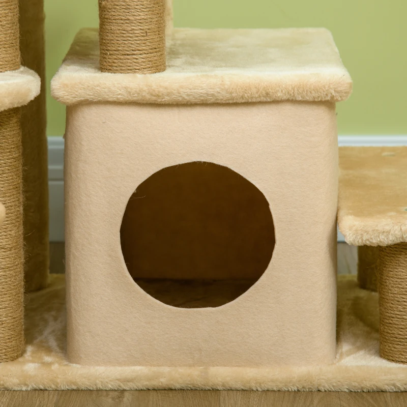 PawHut Haustiertreppe, Kratzbaum, 4 Stufen, Spielball, Häuschen, höhenverstellbar, 60 x 40 x 66 cm, Beige(m-9)