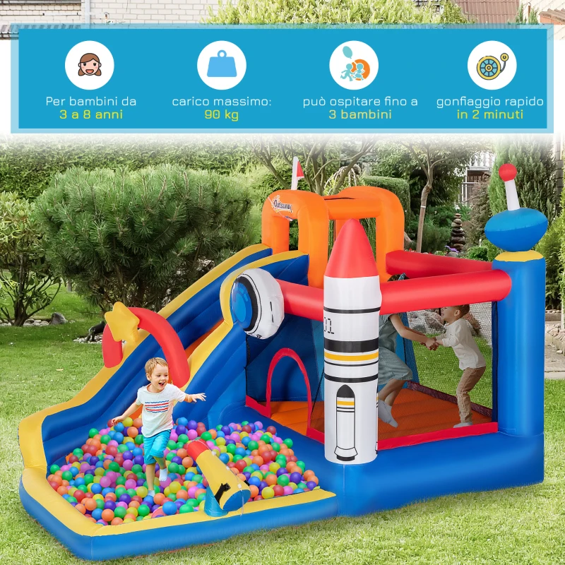 Outsunny Gioco Gonfiabile per Bambini 3-8 Anni a tema Spazio con Borsa, 11 Paletti e Toppe Inclusi, 340x270x227 cm