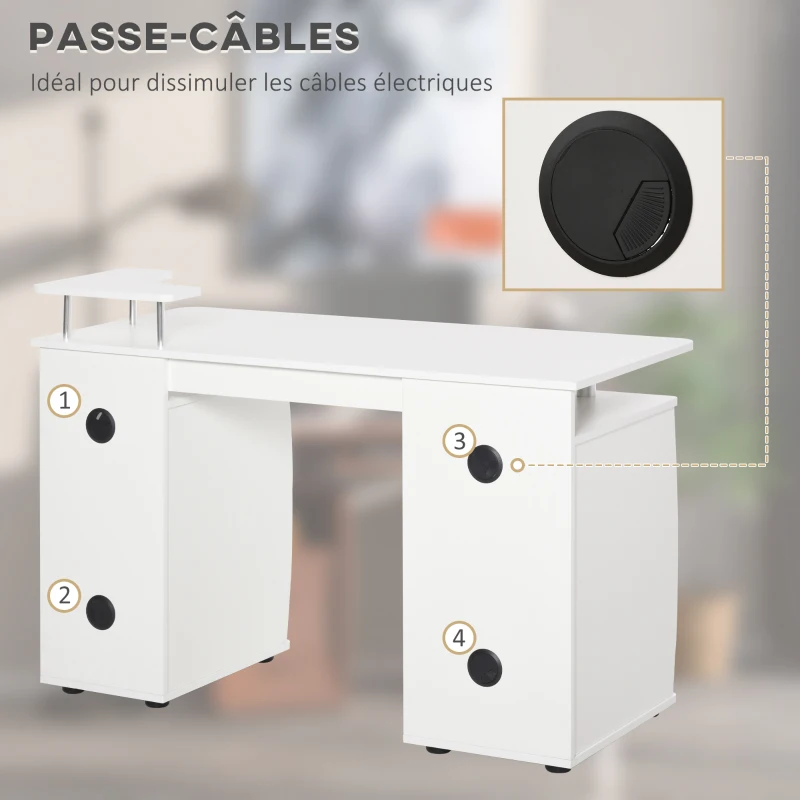 HOMCOM Bureau informatique multimédia multi-rangements 120L x 55l x 85H cm en bois blanc