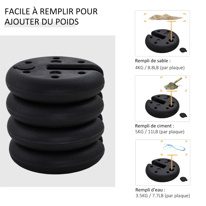 Outsunny Lot de 4 lestages pour parasols dalles de parasol rond pour tonnelle barnum tente à remplir avec 20 kg d'eau / 16 kg de sable dim. Ø 25 x 6H cm HDPE noir