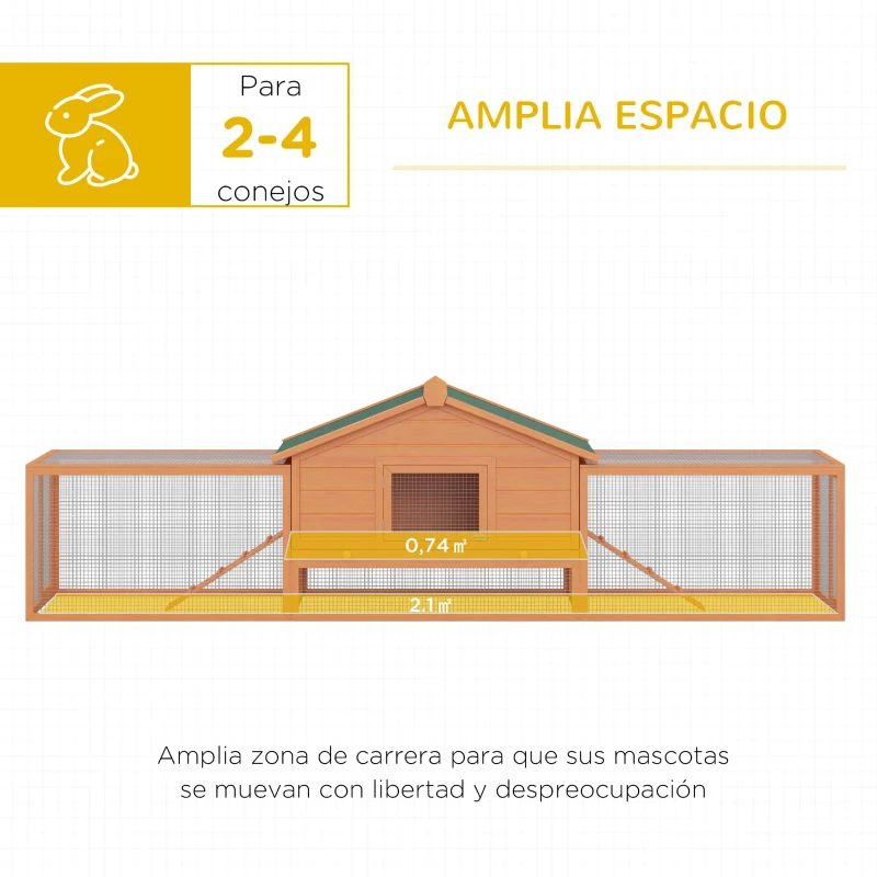 PawHut Conejera de Madera 309x79x86 cm Conejera Exterior Grande para 2-4 Conejos 2 Corrales Bandeja Extraíble Techo Asfáltico