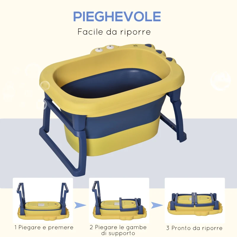 HOMCOM Vaschetta Bagnetto Neonato Pieghevole con Supporto Antiscivolo, Vaschetta da Bagno Portatile per Neonati e Bambini di 0-6 Anni con Foro di Scarico, 75.3x55.4x43cm, Blu e Giallo