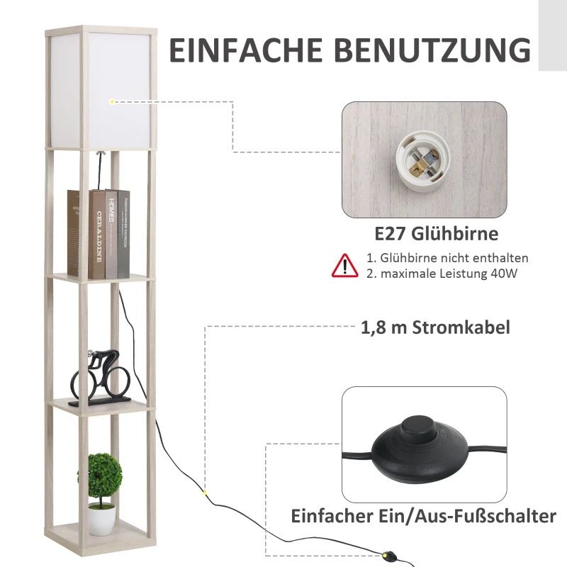 HOMCOM Stehlampe mit Regalen, Stehleuchte, Holz, 26 x 26 x 160 cm, für Wohn-/Schlafzimmer (Ohne Glühbirne)
