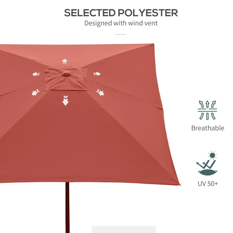 Outsunny 2 x 3(m) Garden Parasol Umbrella, Rectangular Outdoor Market Umbrella Sun Shade with Crank & Push Button Tilt, 6 Ribs, Aluminium Pole, Wine Red
