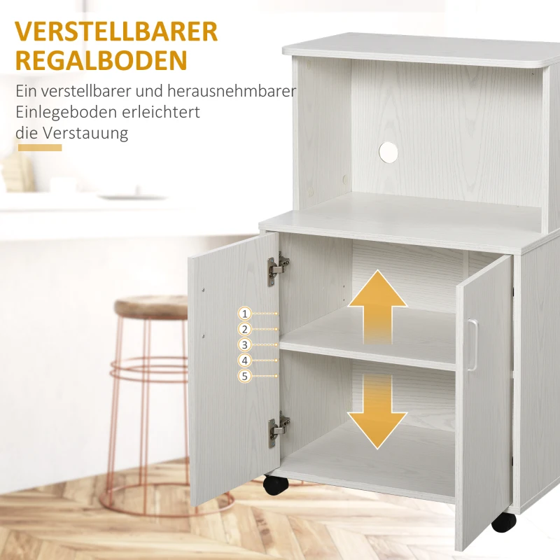 HOMCOM Küchenschrank, Büroschrank, für Mikrowelle, Drucker, mit Rädern, Einlegeböden, weiß, 60,4 x 40,3 x 97cm