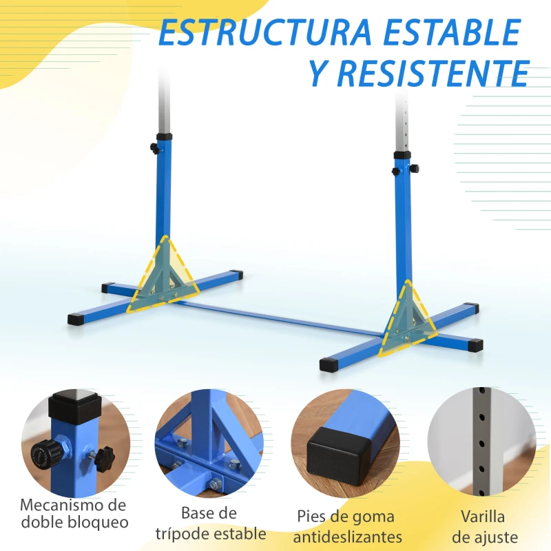 HOMCOM Barra de Gimnasia para Niños de +3 Años Barra de Entrenamiento Altura Ajustable 92-150 cm Carga 75 kg 194x121x150cm Azul