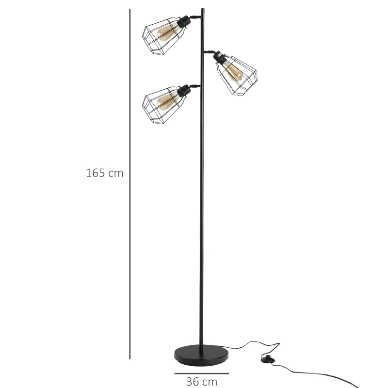 HOMCOM Lampada da Terra in Stile Industriale con 3 Paralumi Regolabili, Interruttore a Pedale, Acciaio Nero, Ф36 x 165cm