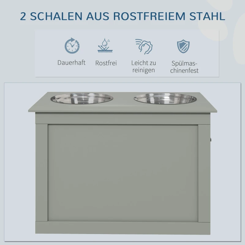 PawHut Futterstation Erhöhte Fressnäpfe 1 Stauraum 2 Edelstahl-Futternäpfe,  60 cm x 30 cm x 41 cm, Grau