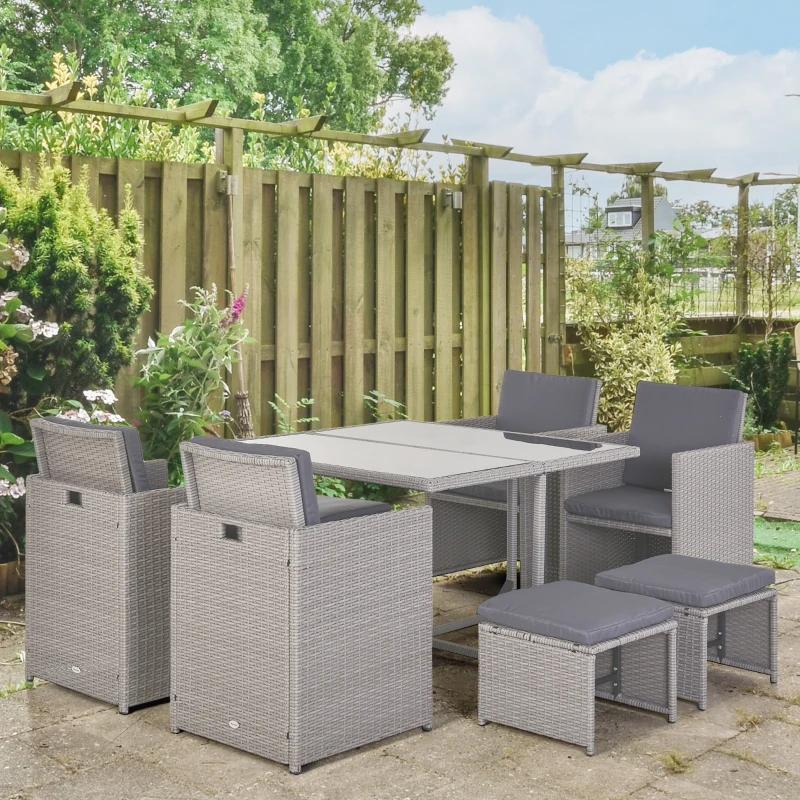 Outsunny Set Mobili da Giardino Esterno Tavolo con 4 Sedie 4 Poggiapiedi 9pz Rattan Grigio