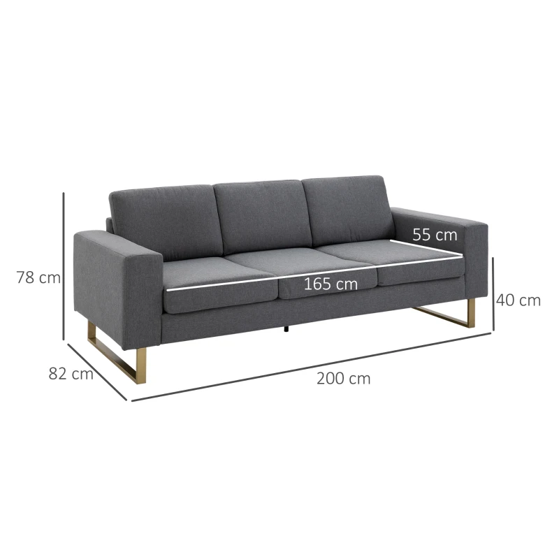 HOMCOM 3 Sitzer Sofa Dreisitzer Stoffsofa mit Kissen Armlehne Leinenoptik für Schlafzimmer 200 x 82 x 78 cm Dunkelgrau