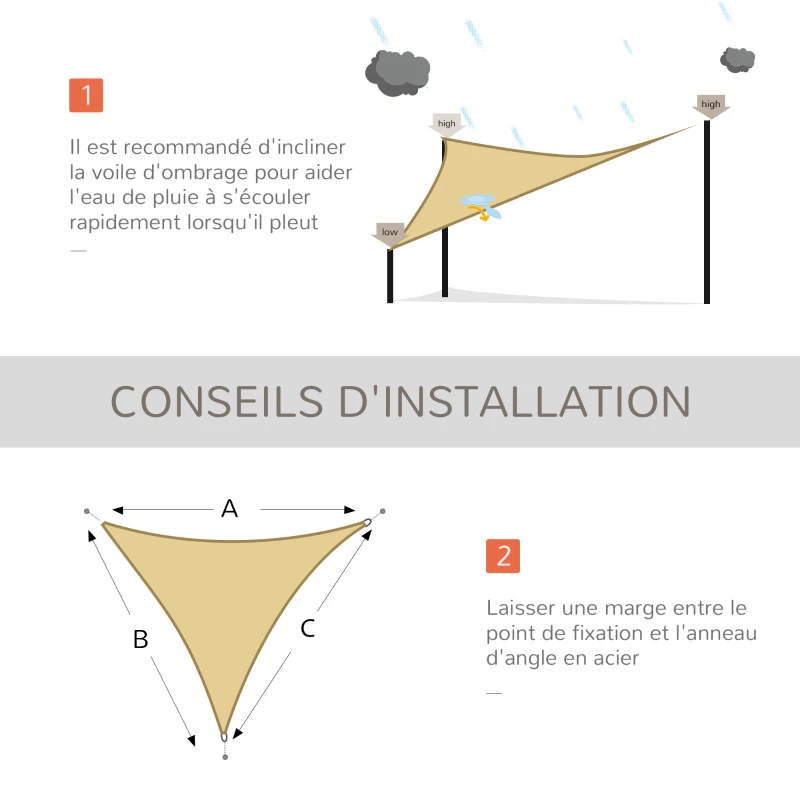 Outsunny Voile d'ombrage Triangulaire Grande Taille 4 x 4 x 4 m polyéthylène Haute densité résistant aux UV Coloris sable