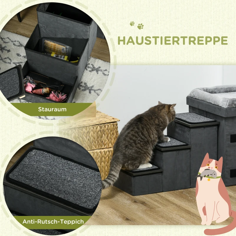 PawHut Katzenhaus Katzenhütte Katzenhöhle, 3 Haustiertreppen, 2 Fressnäpfe, 70 x 50 x 51, cm, Grau(m-6)