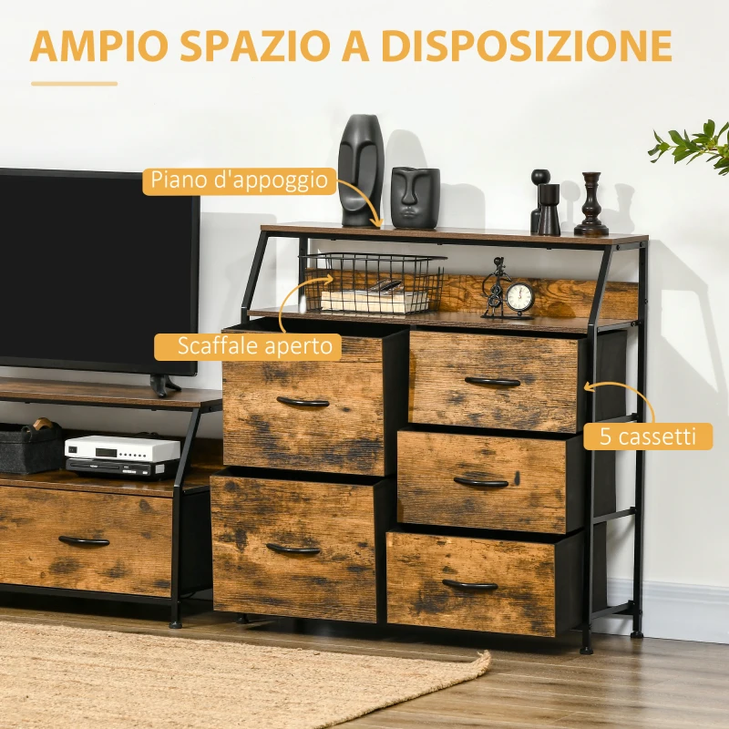 HOMCOM Mobile Cassettiera con 5 Cassetti in Tessuto Pieghevoli Stile Industriale, 83.5x29x87cm, Marrone