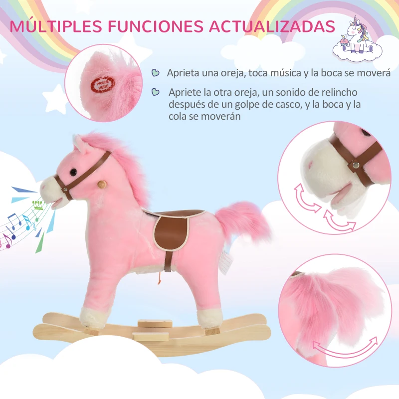 HOMCOM Juguete Balancín de Felpa Suave con Música Relinchos Sonidos de Galope Boca y Cola Móviles 65x32,5x61 cm Rosa(m-5)