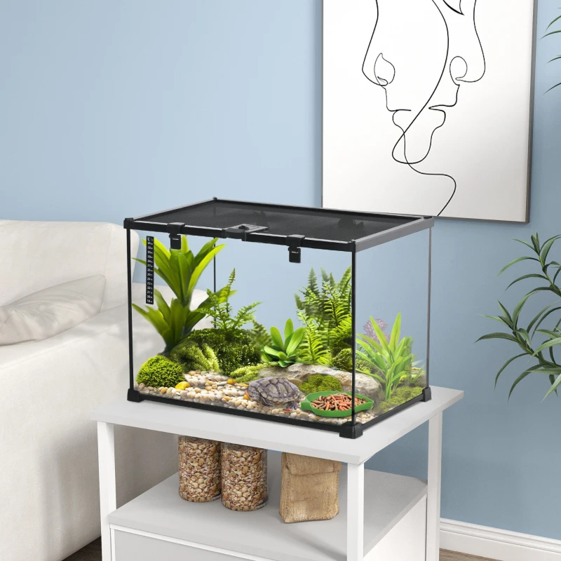 PawHut Terrarium für Reptilien Reptile Fütterungsbox Glasterrarium Amphibien Spinnentiere mit Thermometer Reptilienzuchtbox für Schnecken Amphibien Insekten Schildkröten Schwarz 50 x 30 x 35 cm
